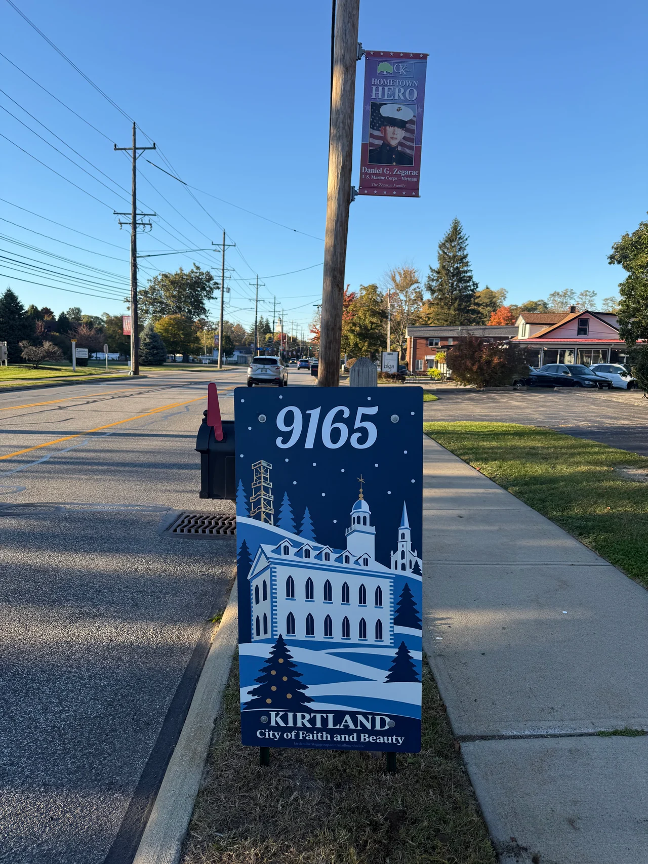 Actual Kirtland mailbox shield with house number 9165, installed beside a roadside mailbox